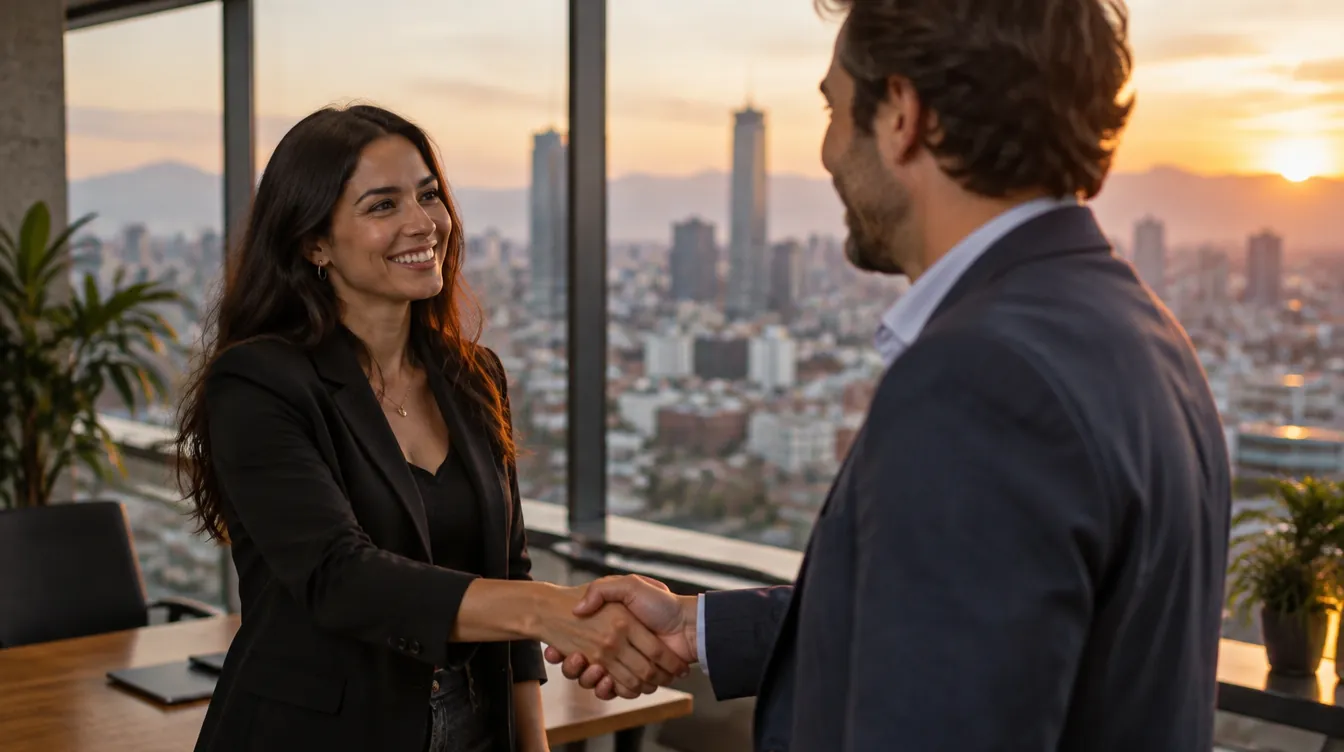 Empresaria y cliente estrechándose la mano al atardecer en una oficina de Ciudad de México