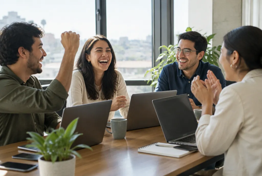 Webs para consultoras y empresas B2B: equipo satisfecho en su negocio (imagen ilustrativa generada con IA)